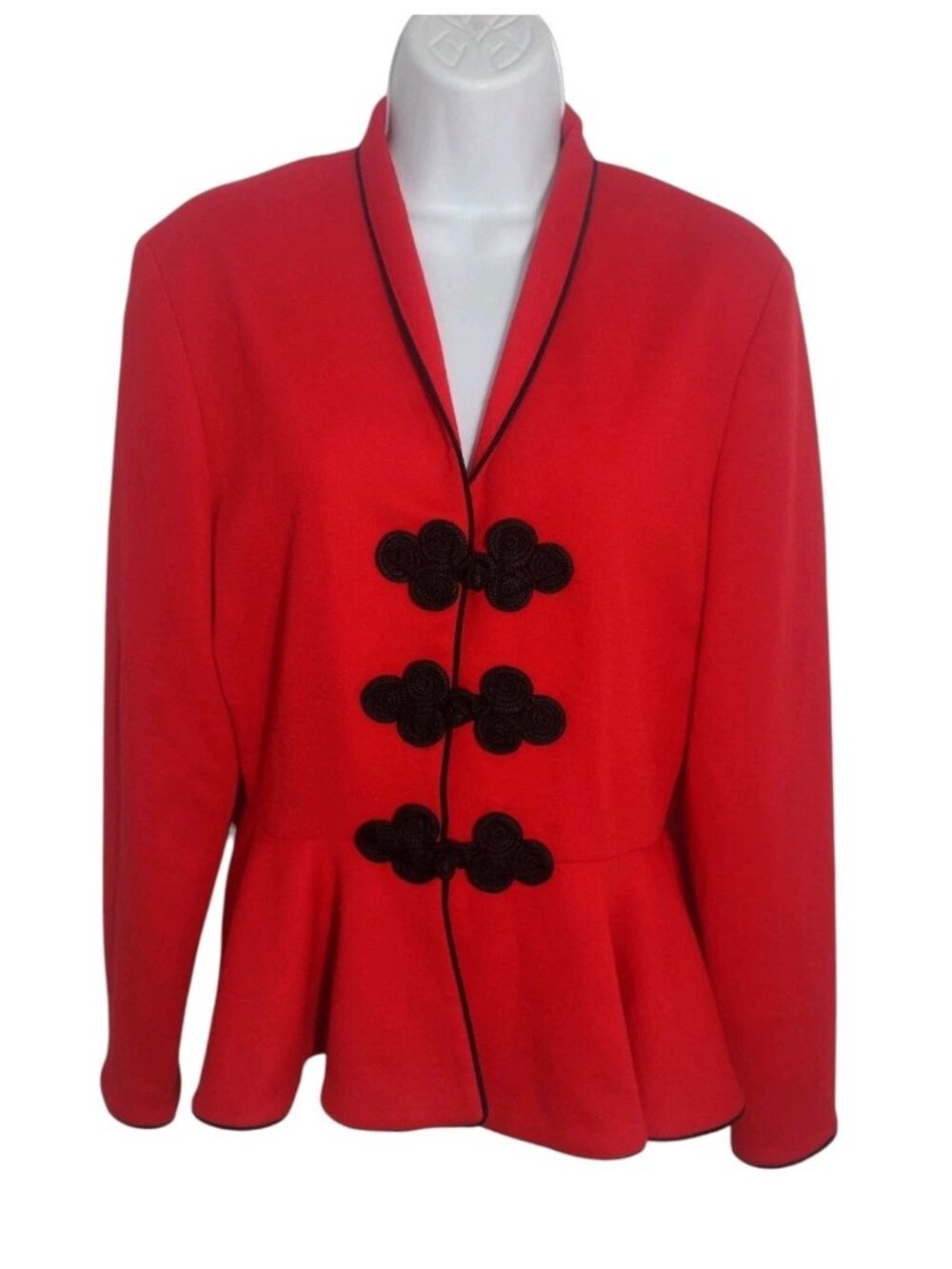 Vintage Caron Knit Peplum Blazer Jacket 10 Frog Closure Red Asian Office USA